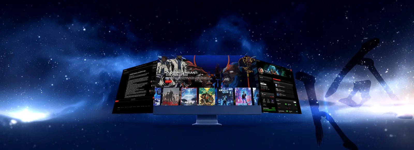 Preview of the Naniverse platform interface, screens floating in a cosmic scene